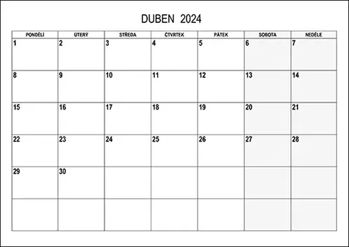 Stáhněte si kalendář duben 2024