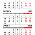 kalendář únor, březen, duben 2025